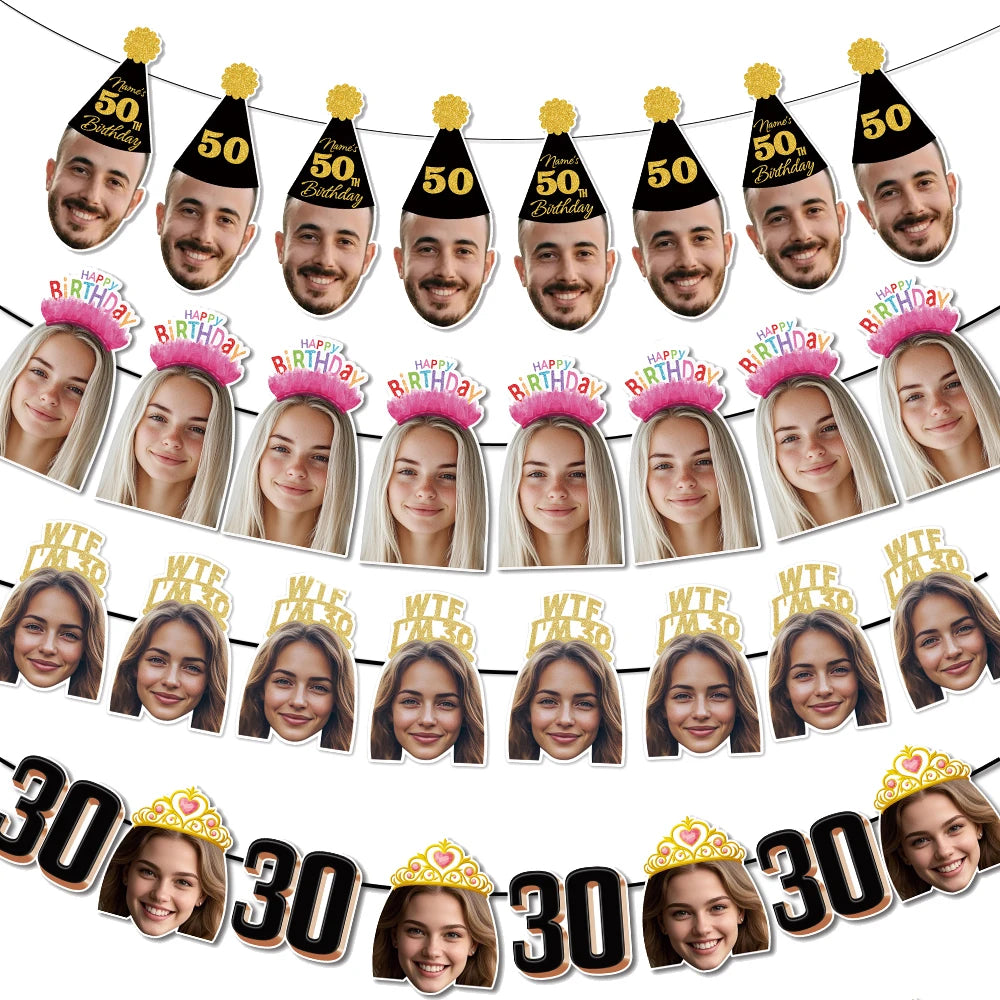 1set 8pcs Custom Birthday Photo Banner Personalized Face Photo Bunting Banner for Adult Birthday Party Favors Birthday Banner