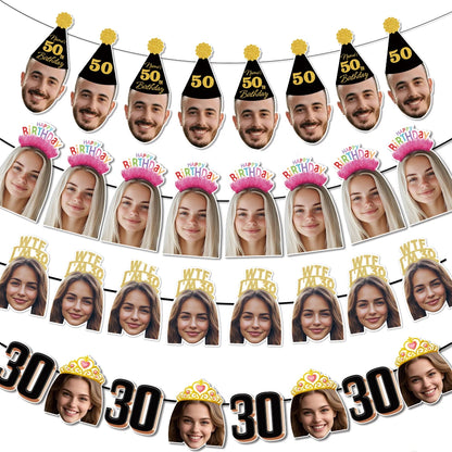 1set 8pcs Custom Birthday Photo Banner Personalized Face Photo Bunting Banner for Adult Birthday Party Favors Birthday Banner