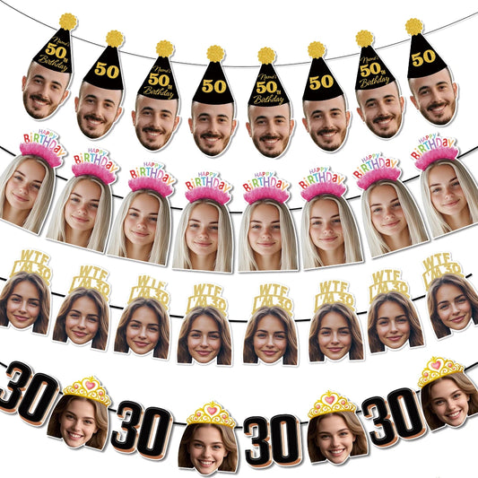 1set 8pcs Custom Birthday Photo Banner Personalized Face Photo Bunting Banner for Adult Birthday Party Favors Birthday Banner