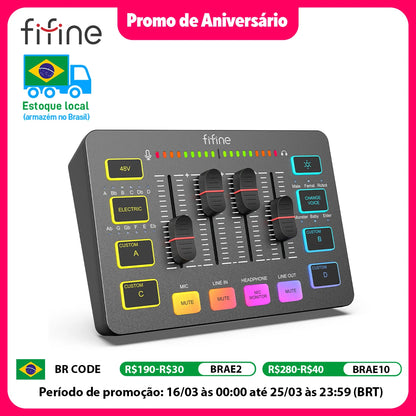FIFINE USB Gaming Mixer With XLR Microphone Interface,48V Phantom Power,RGB, Sound Card for Podcasting Streaming AmpliGame SC3