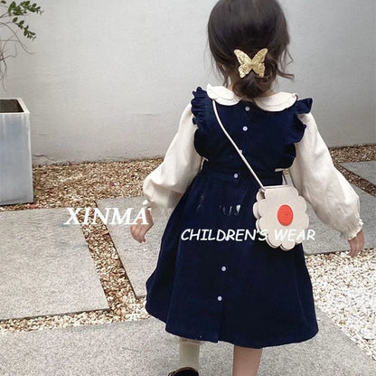 Girls Embroidered Corduroy Dress Set - Premium 2-Piece Doll Collar Shirt & Strap Skirt Outfit