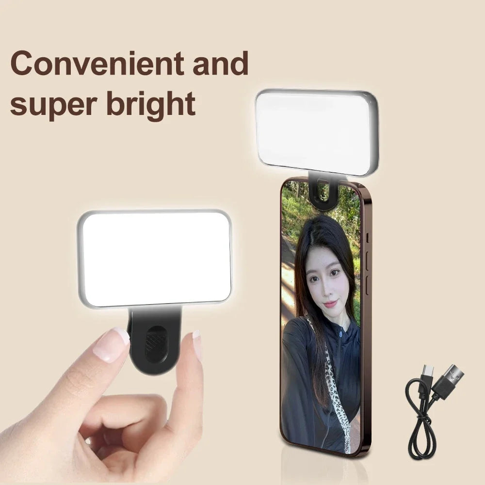 Mini Selfie Fill Light Rechargeable 3 Color Modes Adjustable Brightness Clip on Mobile Phones Computers Photography LED Lights