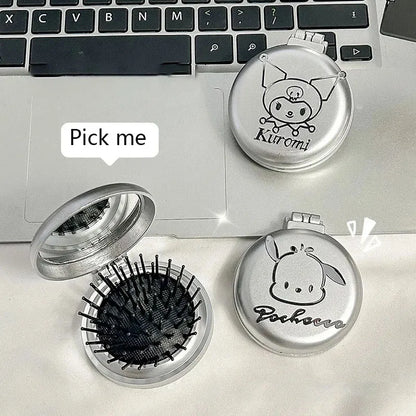 1 piece of Hello Kitty Sanrio Folding Hair Comb, Hair Style and Mirror Cinnamoroll Anime Portable Travel Comb Tool