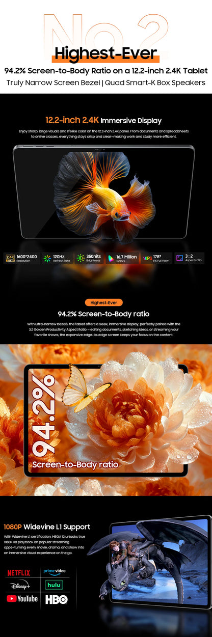 【World premiere】Blackview MEGA 12 Tablet 5G 12.2" 2.4K 120Hz Display Dimensity 7200 CPU IP69K Waterproof 50MP 10000mAh Pad PC