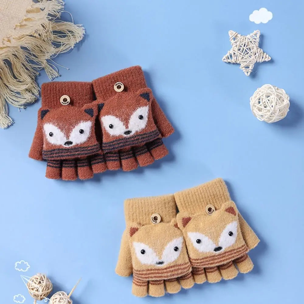 Flip Fingerless Gloves Autumn Winter Children Knitted Gloves Cute Cartoon Fox Warm Half-Finger Gloves