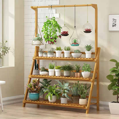 Folding Bamboo Plant Stand, Flower Pot Shelf, Multi-Use for Greenhouse Indoor and Outdoor, 3 Tier