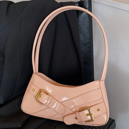 MOJOYCE Small Belt Design Glossy Patent Leather Shoulder Bags Women Luxury Brand Tote Handbag Y2K Underarm Bag with Inner Pocket