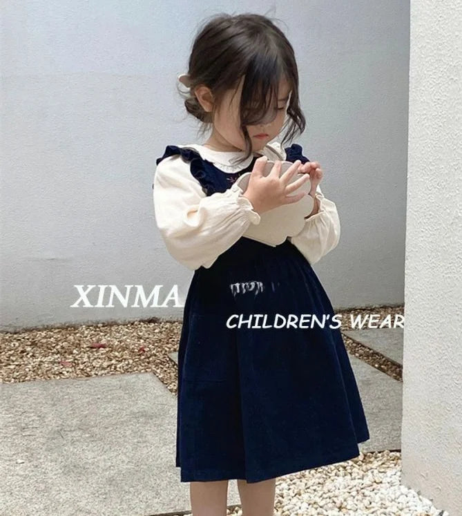 Girls Embroidered Corduroy Dress Set - Premium 2-Piece Doll Collar Shirt & Strap Skirt Outfit