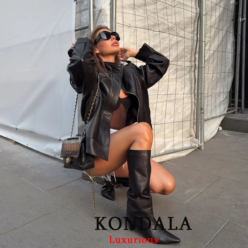 KONDALA Casual Chic Black Leather Jackets Women Long Sleeve Buttons Elastic Oversized Coats Fashion 2026 Spring Streetwear Coats