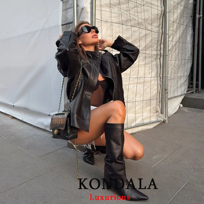 KONDALA Casual Chic Black Leather Jackets Women Long Sleeve Buttons Elastic Oversized Coats Fashion 2026 Spring Streetwear Coats