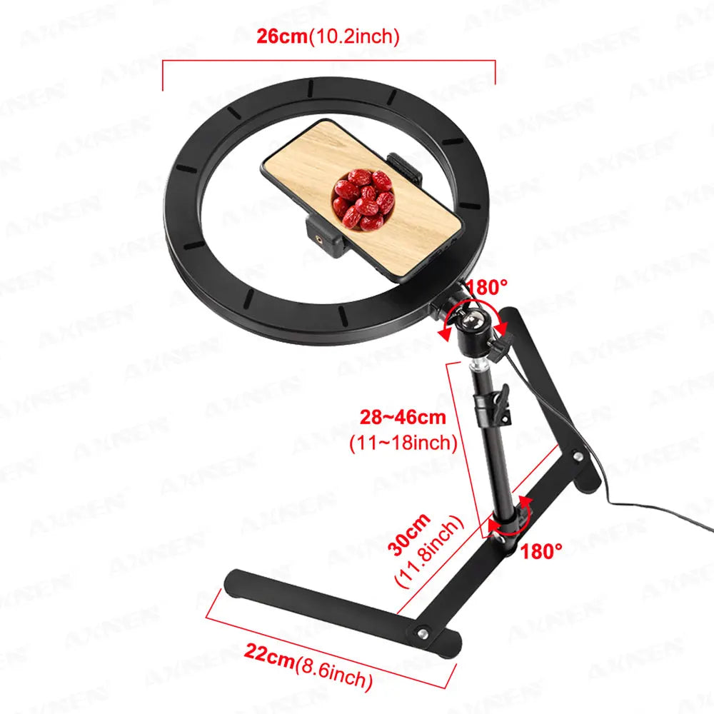 Desktop Foldable Overhead Tripod with Ring Light for Smartphone with Phone Holder Photography Table Stand Live Photo Video Shot