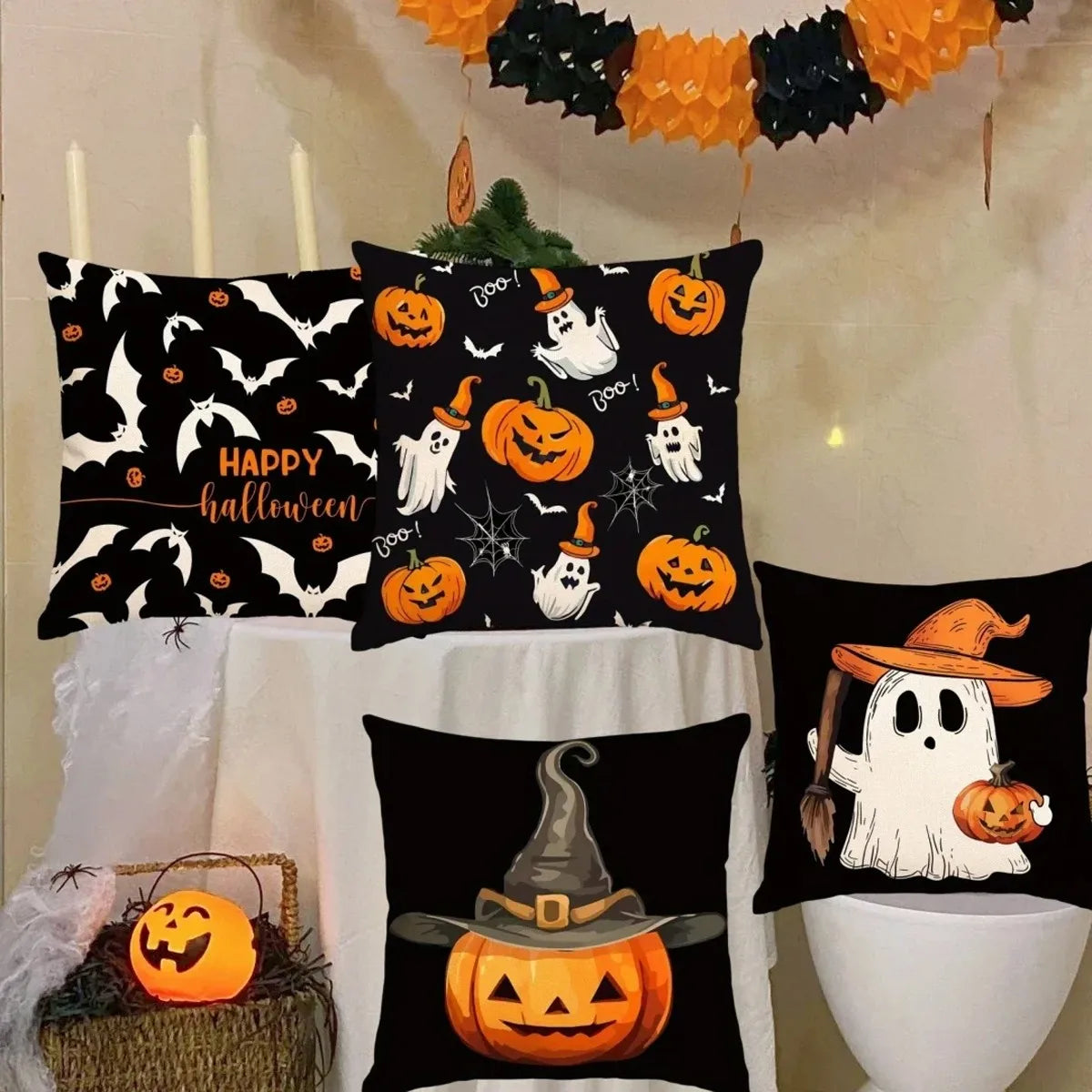 Halloween themed cushion cover set of 4 Pumpkin skull and ghost pattern 45*45cm