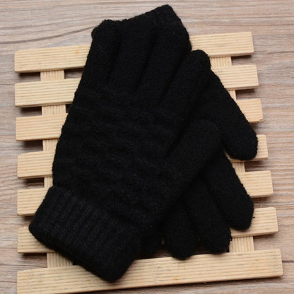 Winter Children Knitted Gloves Thick Woolen Kids Five Fingers Glove 8-15year Boy Girl Baby Hand Warmer Black White Fleece Mitten