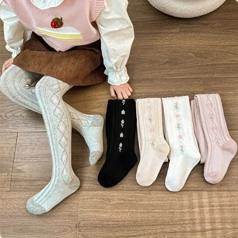 1-12Years Kids Autumn Elastic Tights Jacquard Soft Teenager Leggings Girls Knit Cotton Pantyhose Sweet Cute Baby Bottom Clothes