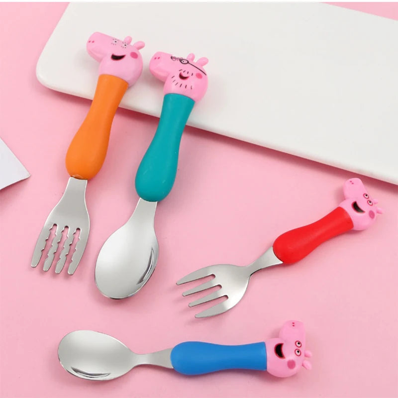 Peppa Pig Tableware Fork Spoon Action Doll Toy George Pig Dad Mom Cartoon Anime Pattern Party Gifts For Boys Girls Cartoon Toy
