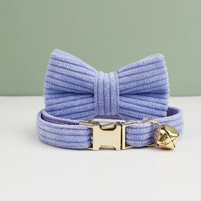 Personalized Corduroy Cat Collar with Engraved Name Plate, Bell & Bow Tie - Custom Breakaway Safety Collar