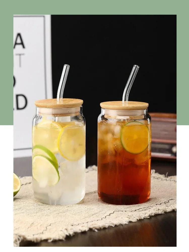 Glass Straw Cup with Dustproof Wooden Lid Heat-resisting Transparent Glass Bottle Breakfast Cola Milk Drinking Cups Holiday Gift