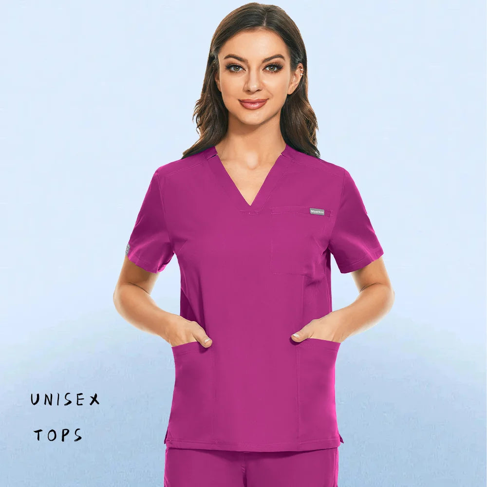 Hospital Nursing Uniform Surgery Scrubs Tops Women Short Sleeved Shirts Dental Clinic Workwear Nurse Blouse Doctor Clothes Black