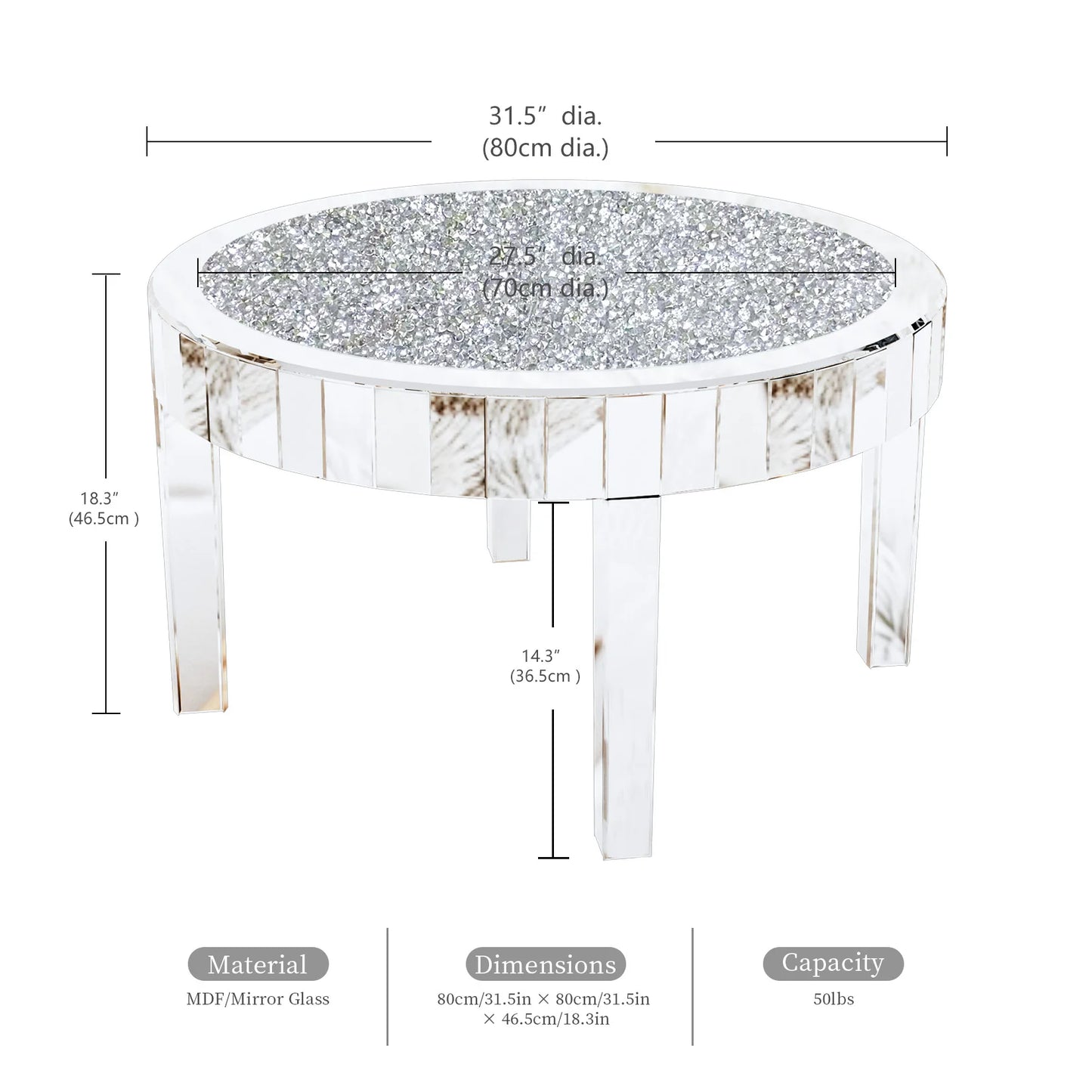 FATIVO Large Round Mirrored Coffee Table Beveled Bling Crushed Diamond End Table
