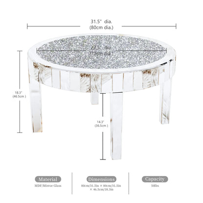 FATIVO Large Round Mirrored Coffee Table Beveled Bling Crushed Diamond End Table