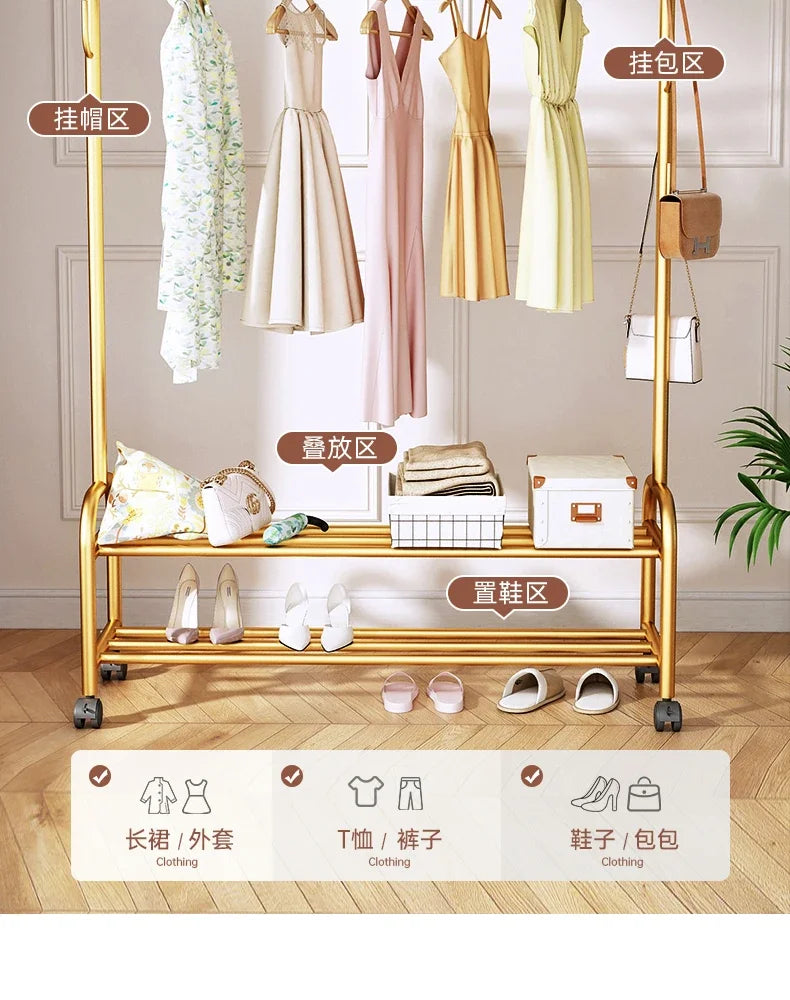 Aesthetic Golden Clothes Rack Metal Balcony Nordic Wheels Clothes Rack Floor Bedroom Burro Ropa Perchero Hallway Furniture