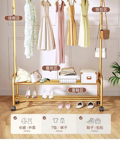 Aesthetic Golden Clothes Rack Metal Balcony Nordic Wheels Clothes Rack Floor Bedroom Burro Ropa Perchero Hallway Furniture