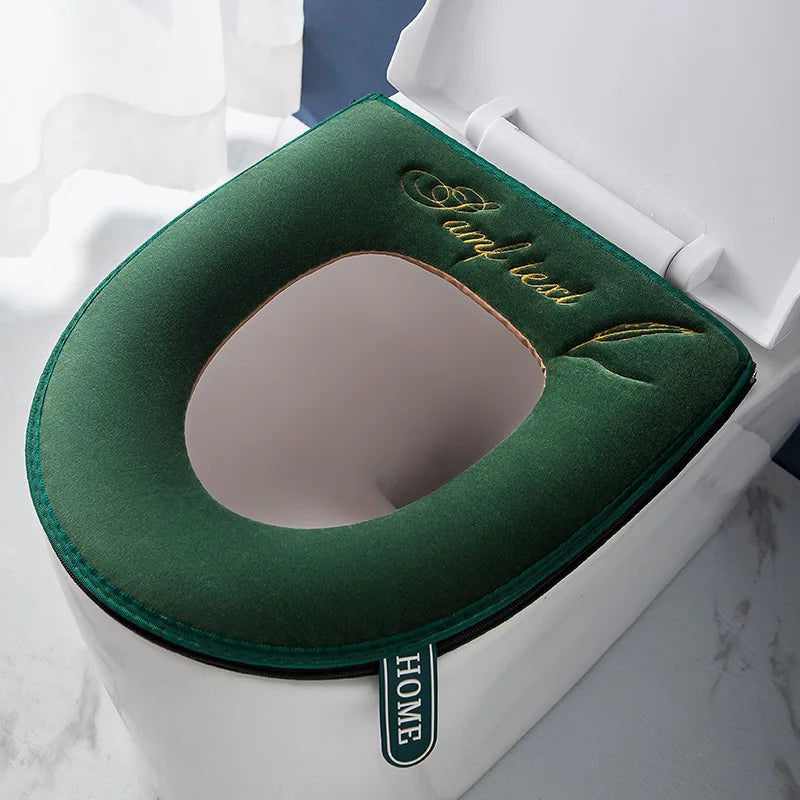 Universal Warm Velvet Toilet Seat Cover, Zipper Flip Lid Handle Tab, Letters Embroidery, Washable, Waterproof Pad, Winter