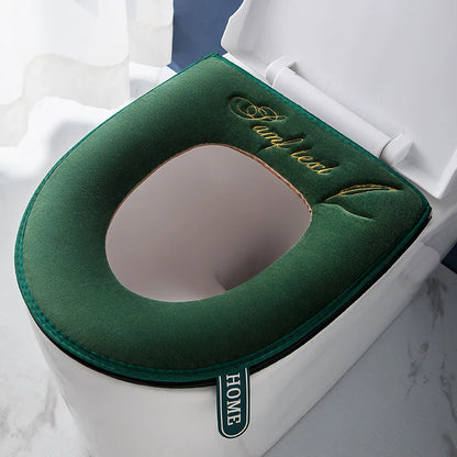 Universal Warm Velvet Toilet Seat Cover, Zipper Flip Lid Handle Tab, Letters Embroidery, Washable, Waterproof Pad, Winter
