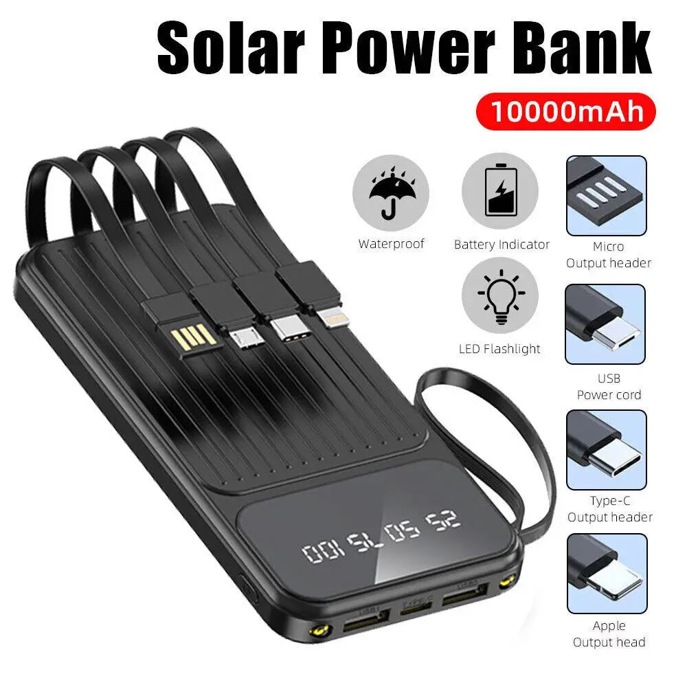 10000Mah Power Bank Pack 4 Cables Fast Charger External Battery For Mobile Phone