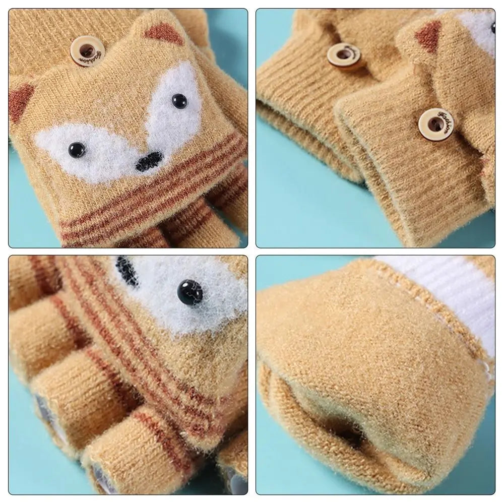 Flip Fingerless Gloves Autumn Winter Children Knitted Gloves Cute Cartoon Fox Warm Half-Finger Gloves