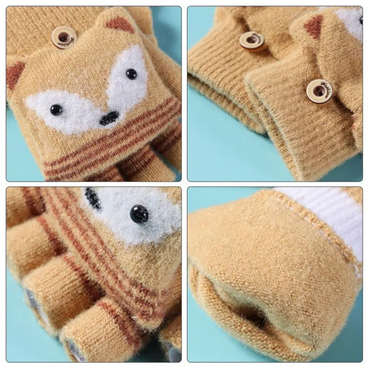 Flip Fingerless Gloves Autumn Winter Children Knitted Gloves Cute Cartoon Fox Warm Half-Finger Gloves