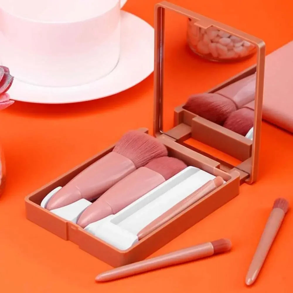 5pcs Mini Makeup Brush Set with Mirror - Multifunctional Travel Cosmetic Brushes, Unscented, Palm Brush Design Makeup Tools