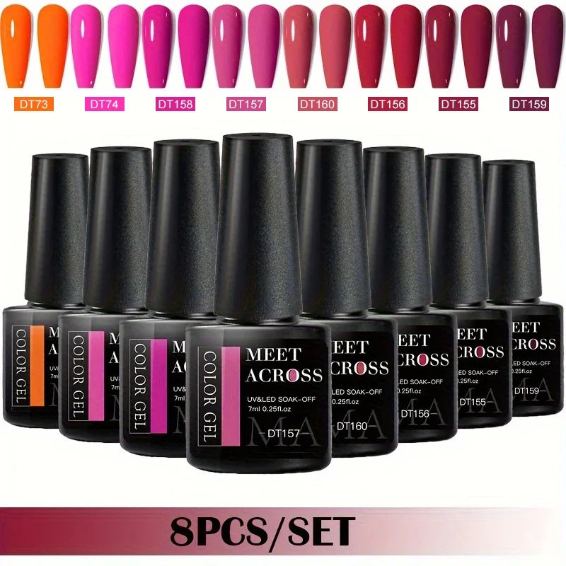 MEET ACROSS 8-teiliges Gel-Nagellack-Set für alle Jahreszeiten, Neon-Marcaron-Grün-Rot-Serie, UV-Gel-Lack-Maniküre-Set, Nagelzubehör