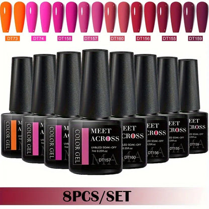 MEET ACROSS 8-teiliges Gel-Nagellack-Set für alle Jahreszeiten, Neon-Marcaron-Grün-Rot-Serie, UV-Gel-Lack-Maniküre-Set, Nagelzubehör