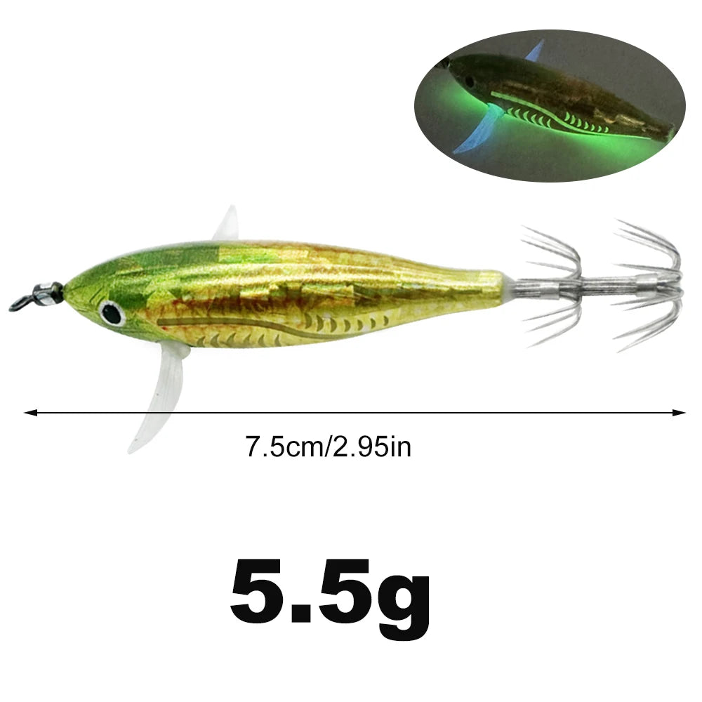 Horizontal wood Shrimp 5.5g Laser Luminous Floating Egi lure Squid Jigging Shrimp Octopus Cuttlefish Night Fishing Baits Sea