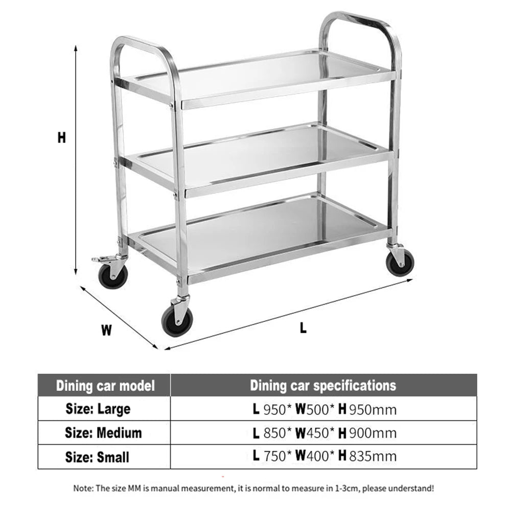 Stainless Steel Cart with Thickened Three Layers- Kitchen Utility Cart for Serving  Collecting Dishes Multi-functional Trolley