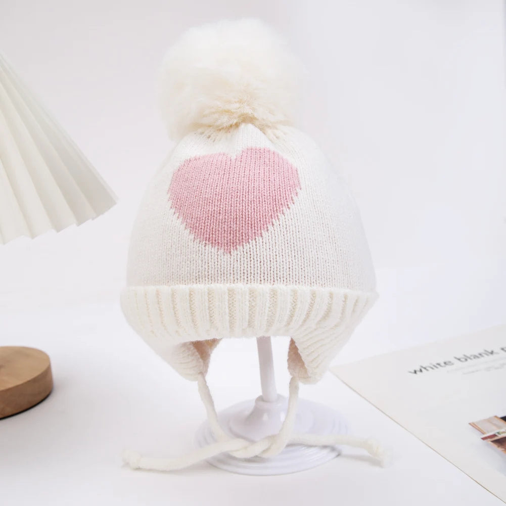 Cute Pompom Baby Turban Hats Heart Knitted Caps Boys Girls Beanies 0-3T Autumn Winter Kids Headwraps Bonnets Hair Accessories