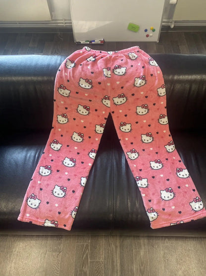 Halloween Cartoon Hello Kitty Flannel Pajamas Women's Autumn and Winter Plus Velvet Warm Casual Home Graffiti Pants