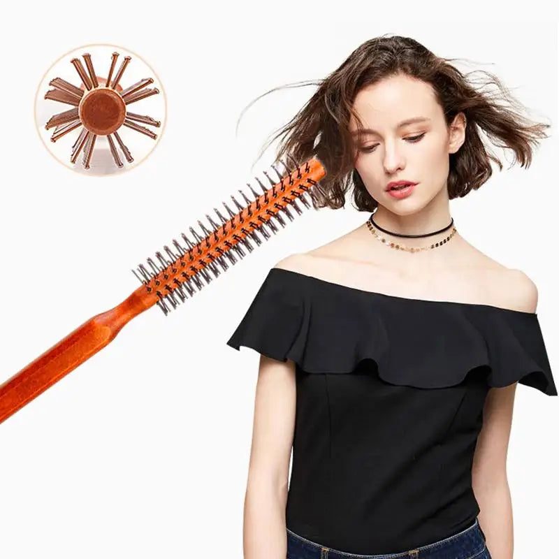 Bristle Wooden Curly Hair Comb Natural Boar Bristle Rolling Brush Round Barrel Blowing Curly Hairbrush Hair Styling Tool