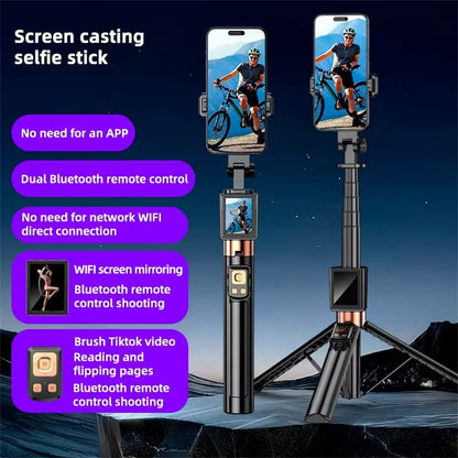 Wireless Selfie Stick Tripod Stand with Remote and Small Screen Casting Selfie Monitor for Smartphone Selfie Live Streaming