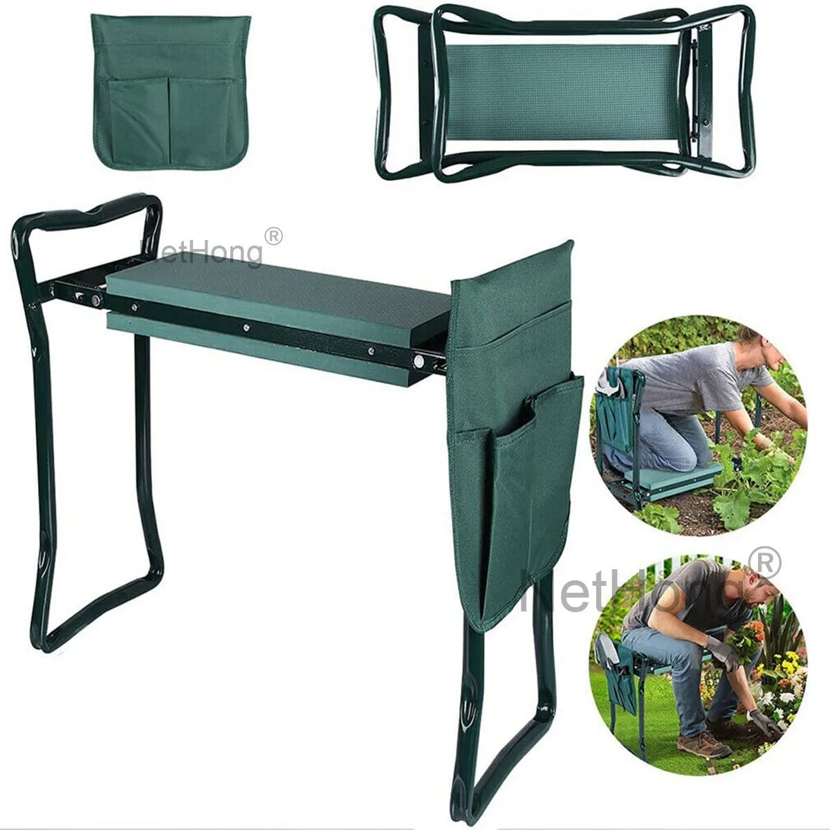 Garden Kneeler 2-In-1 Folding Gardening Padded Seat And Kneeling Stool Tool Bag~