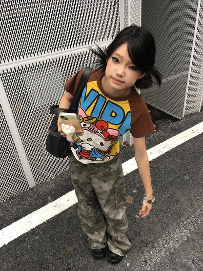 Sanrio Hello Kitty New Anime Fashion Short Tops Y2k Summer Cute Tees Cartoon Printed High Street Gothic Short Sleeve T-shirts