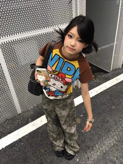 Y2K Sanrio Hello Kitty New Anime Fashion Short Tops Summer Cute Tees Cartoon Printed High Street Gothic Short Hottie T-shirts