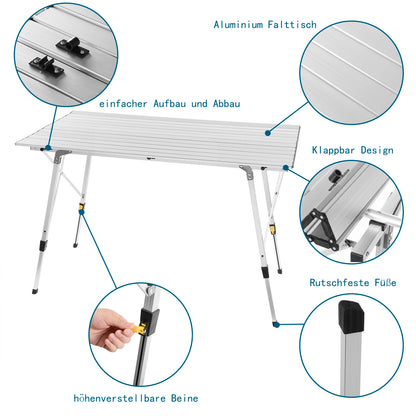 WOLTU Aluminum Folding Travel Camping Table with Carry Bag 120x68.5cm Adjustable Height Outdoor Garden Table for 4-6 People