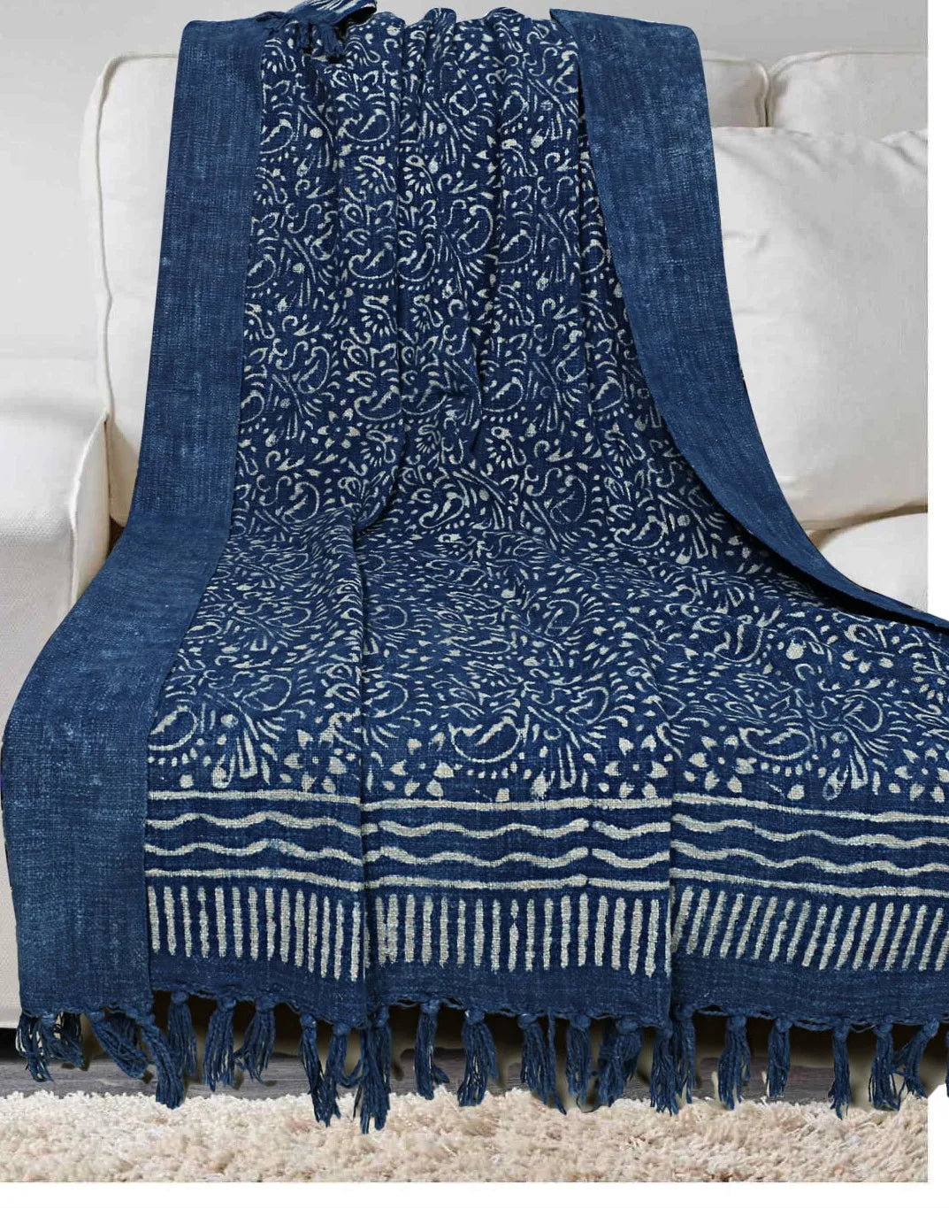 African Mudcloth Printed Blue Indigo 100% Organic Cotton Handwoven Soft Throw Bedding Blanket for Living Room Home Outdoor
