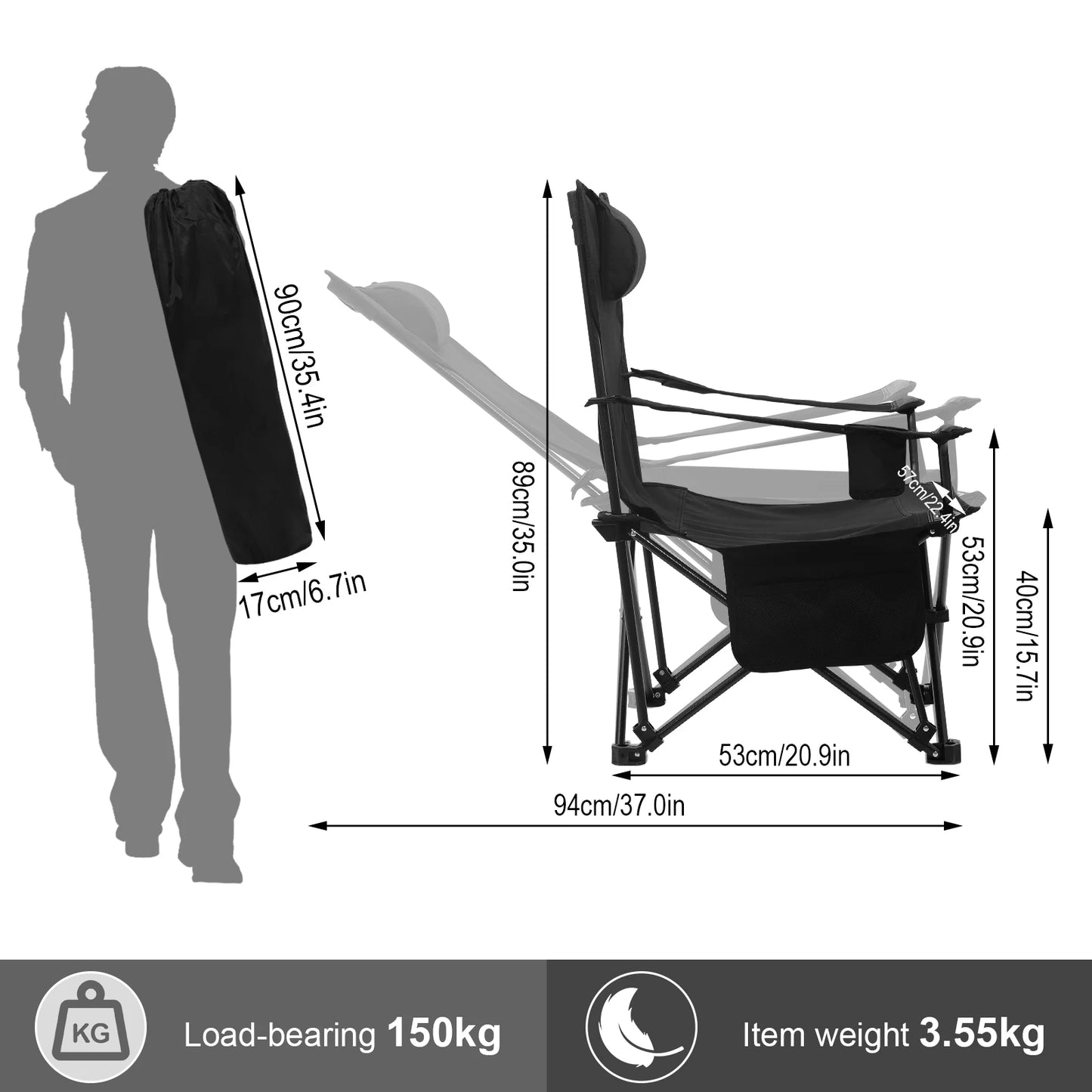 Folding Camping Chair  Lightweight Outdoor Chair Fishing Chair with Headrest Cup Holder Storage Carry Bag for Hiking Picnic Beac