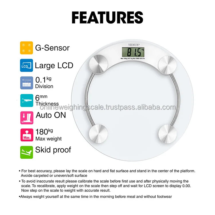 Venus digital bathroom scale with features listed on a white background