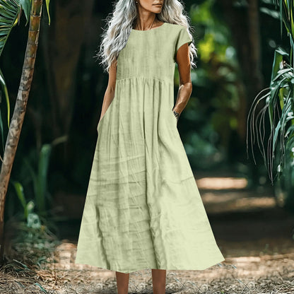 Women's Solid-Color Loose-Fitting All-Match Cotton-Linen Dress With Pockets