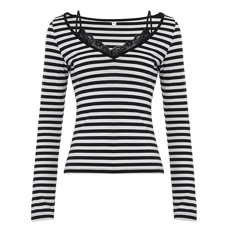 American-style Lace-spliced Strap Top With A Faux Two-piece Slim-fit Long Sleeves