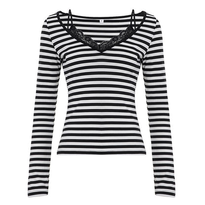 American-style Lace-spliced Strap Top With A Faux Two-piece Slim-fit Long Sleeves